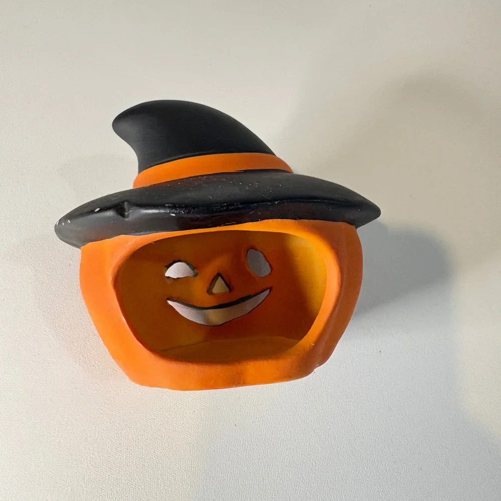 Vintage Ceramic Pumpkin Jack-O-Lantern Witch Hat Tea Light Candle Holder Orange